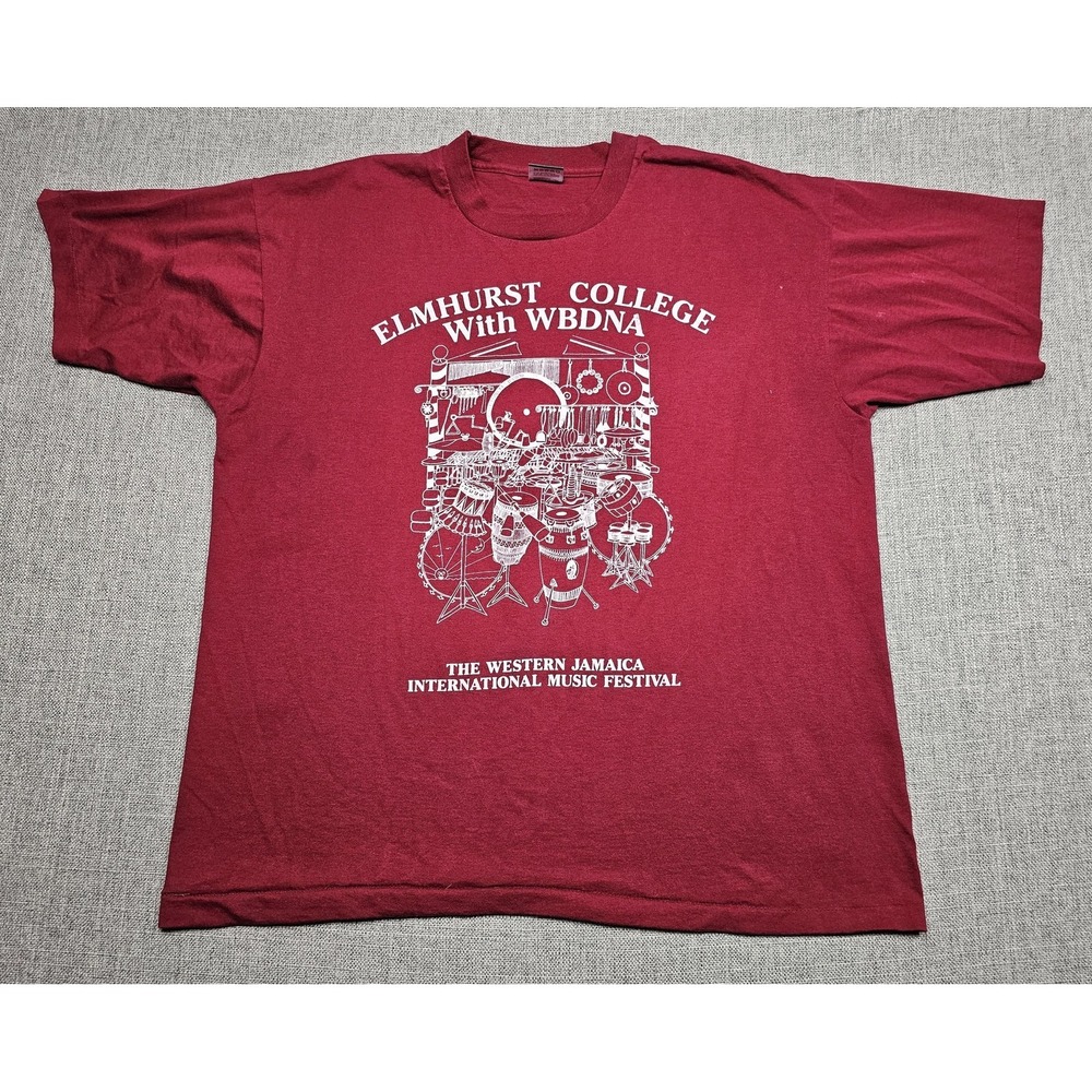 VINTAGE Elmhurst College Shirt Mens XL Red Western Jamaica Music Festival Tee